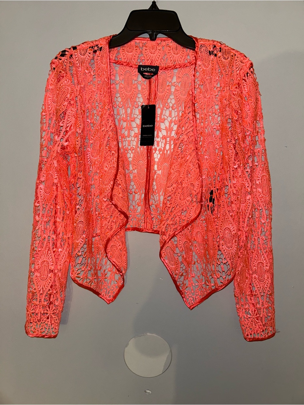 bebe Neon Coral Crochet Draped Cardigan